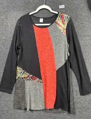 This & That Patchwork Top Womens Sz XL Black Long Sleeve Scoop Neck Boho Blouse